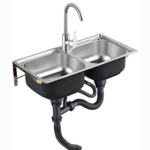 Household goods Küchenspüle Wandmontierte Spüle, 304 Edelstahl-Waschbecken mit Wasserhahn, Outdoor-Spülstation 2-Fach-Wäschewanne Kulinarisches Spülbecken, für Garage/Wohnmobil/Toilette/Restaurant
