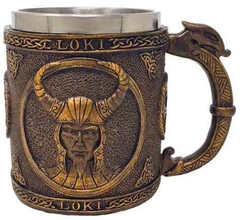 MediMuc Krug Götterkrug Loki - detailliert verarbeiteter, dekorativer, handbemalter, mittelalterlicher Krug mit Lokikopf und herausnehmbarem Edelstahleinsatz - Material: Harz