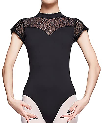 JowTreex Body da danza da donna in pizzo dolcevita balletto body a maniche corte da danza e ginnastica yoga, Nero , L