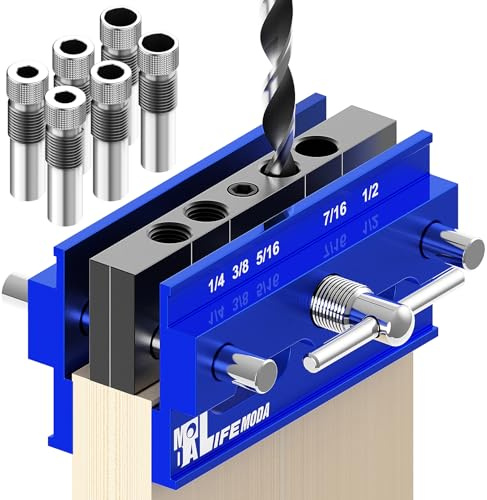 LIFEMODA Self Centering Doweling Jig Kit, Drill Jig For Straight Holes Biscuit Joiner Set With 6 Drill Guide Bushings, Adjustable Width Drilling Guide Tool Accessory Jigs (Blue)