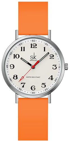 SHENGKE SK Ultra Thin Fashion Sport Sweatproof Women Watch for Medical Professionals,Nurses,Doctors,Students Watch with Easy Read Dial,Colorful Silicone Band (Silver-Orange)