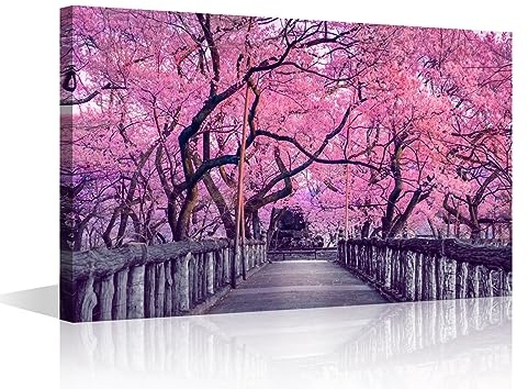 TISHIRON Sakura Natürliche Landschaft Leinwand Wandkunst Gemälde Rosa Kirschbäume Blühende Wanddekoration für Wohnzimmer Bilder Druck auf Leinwand Gerahmtes modernes Kunstwerk für Zuhause Schlafzimmer