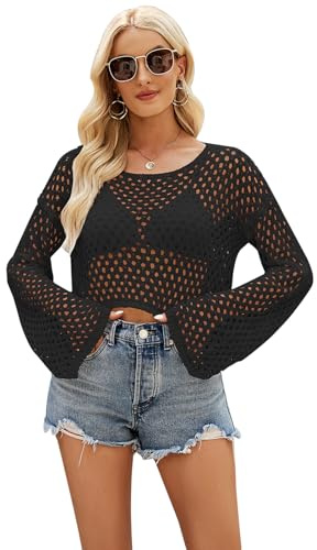 Saklifuo Top da donna a rete traforato all'uncinetto a maniche lunghe ritagliato camicetta trasparente copricostume da spiaggia, Nero , L