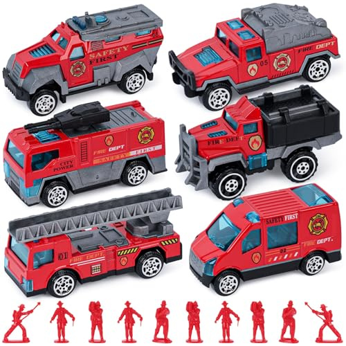 LovesTown Fire Truck Set, 6 Die-Cast Vehicles, 44 Firemen Figures