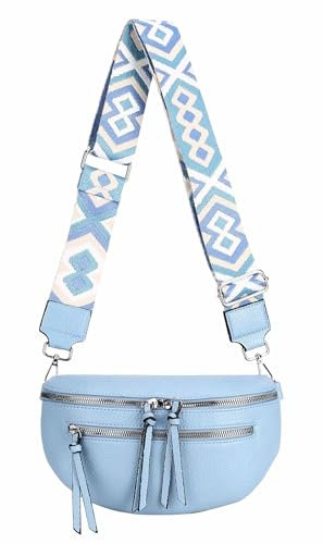ITALYSHOP24 Damen Tasche Umhängetasche Brusttasche Muster Gürtel Bauchtasche Crossbody Gürteltasche Hüfttasche Crossover Bodybag Schultertasche Handytasche Leder Optik Hellblau S