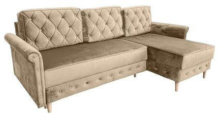 Meble Ares Moderne Sofa LILI - Elegante Ecksofa mit Schlaffunktion und Bettkasten - Praktische Schlafsofa Ausziehbar zum Wohnzimmer - Komfortabel Couch l Form - Sonoma Beine, Samt Beige