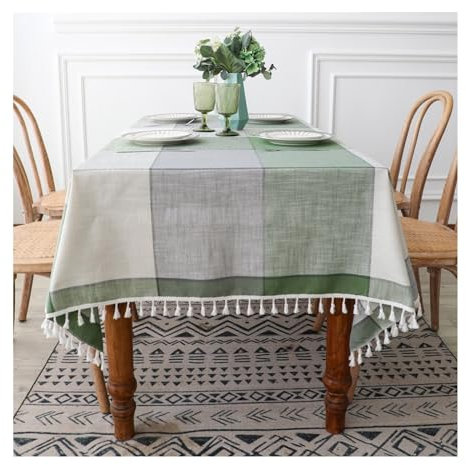 Epinki Tischtücher, Grün Tischwäsche Kariert mit Quaste Polyester, Tischdecke Rund Vintage Wasserabweisend für Drinnen Draussen Garten Esszimmer Party und Festen, 140x300CM