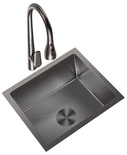 CuNtoHHH Einzelspüle aus grauem Edelstahl mit Wasserhahn, leicht zu reinigende Einzelspüle, kleines Unterbauwaschbecken für die Küche, Wohnmobil-Bar, kleines Mini-Gemüsespülbecken (45 x 40 x 21,5 cm)
