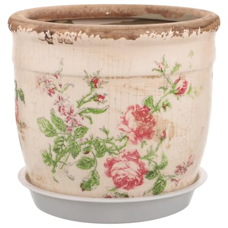 STOBAZA Maceta Cerámica Vintage con Rosas y Drenaje para Interior | Acabado envejecido, silueta redonda, estilo romántico, fondo claro, para repisas, balcones cubiertos y mesas