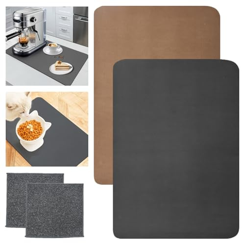 PXBSNB 2 Pack Super Absorbent Draining Mat, Coffee Machine Mat 16×12, Dish Draining Mat for Kitchen Counter, Non-Slip Coffee Mat, Quick Dry Dish Drainer Mat for Kitchen Sink (Brown+Gray)