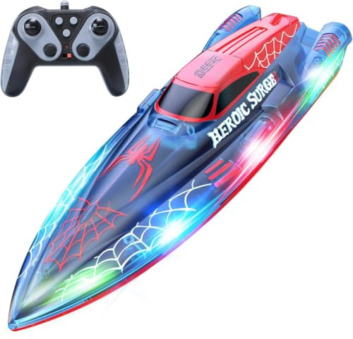 DEERC Barca telecomandata da 13 pollici per bambini, barca ragno RC da 2,4 GHz con luci a LED per piscine e laghi, giocattolo estivo acquatico regalo per ragazzi 8-12, 2 batterie