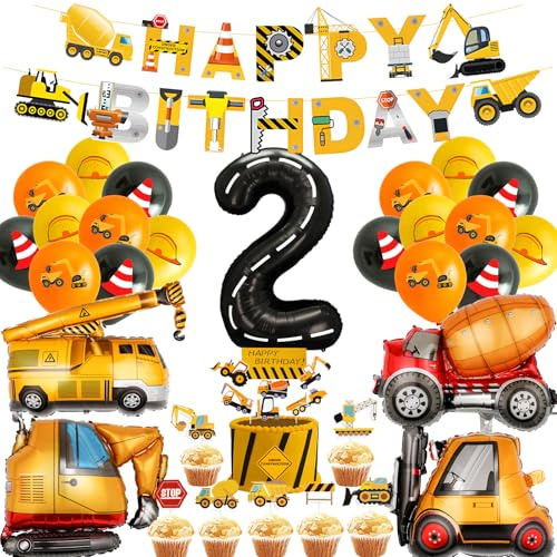 Bagger Geburtstag Deko 2 Jahre - 32 Pcs Baustellen Happy Birthday Banner Kran Betonmischer Folienballons FüR Dekoration Zum Kindergeburtstag Baustelle Geburtstags Babyparty Dekor