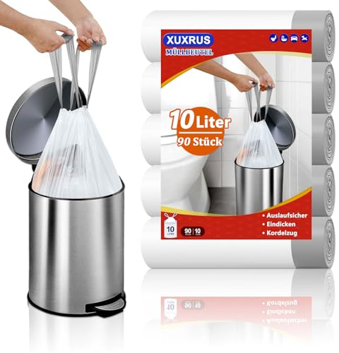 Bolsas De Basura 10L Blancas Con Cierre De Cordón, 90 Uds | Fuertes y Prácticas para el Uso Diario, Bolsas de 45x50cm para Baño y Oficina, Fáciles de Extraer y Transportar