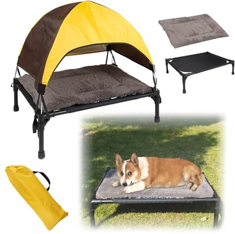 RATSTONE Hundebett Outdoor Mit Dach,Hundeliege Mit Dach Klappbar Mit Anti-Rutsch-Füßen 43x55cm,Mit Schatten Auf 3 Seiten,Inklusive Polster & Aufbewahrungstasche,Hundesofa Für Camping,Garten,Strand