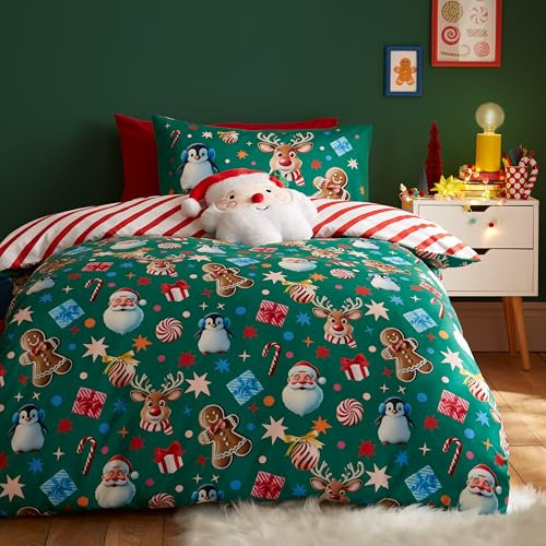 Catherine Lansfield Christmas Icons So Soft, set copripiumino matrimoniale reversibile con federe, verde