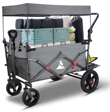 TOPWELL Folding Wagon with 2 Foldable Seats, 120kg/180L Capacity Portable Camping Cart - Collapsible Trolley with Quick-Release Wheels, Adjustable Handle, Foldable Pull-Along Wagon for Outdoor (Grey)