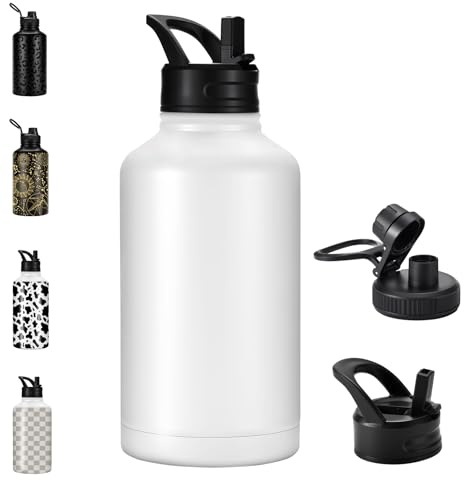 FOLAI Edelstahl Auslaufsichere Trinkflasche 2L Mit Strohhalm,Erwachsene GroßE Fitnessstudio Sportflasche,Bpa Frei Wasserflasche Gym,SpüLmaschinenfest,FüR KohlensäUrehaltige GeträNke(Weiß)