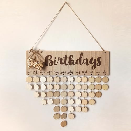 Calendrier d'anniversaire en bois à faire soi-même avec 50 disques en bois - Style vintage - À faire soi-même - Indépendamment de l'année - Pour écrire tout le temps - Calendrier familial - Calendrier