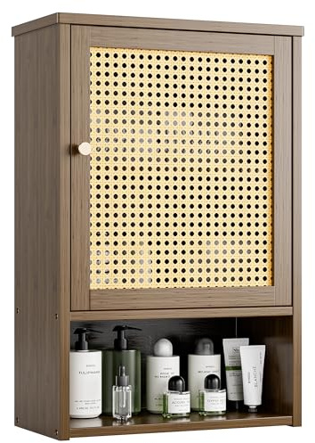 vovala Armoire Murale de Salle de Bain en Bambou avec Portes en rotin et étagère réglable, Armoire à Pharmacie économiseur d'espace pour Linge, Cuisine, Salon (Noyer)