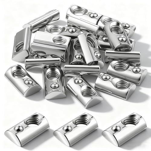 20 PCS T Nuts 1/4-20 Steel Roll in T-Nut with Ball Spring, T Slot Nuts for 10 Series Aluminum Extrusion Profiles, CNC Machines, Robotics Projects