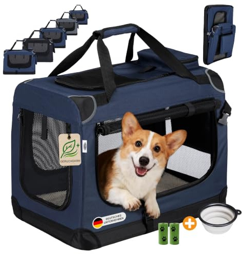 Zedelmaier Hundebox Auto, faltbar, geruchsarm, 60 x 42 x 44 cm, Dunkelblau | Große Netzfenster, Seitentaschen, Napf, Kotbeutel; faltbare Hundetransportbox für Hund/Katze, Rückbank, Zuhause und unterwegs
