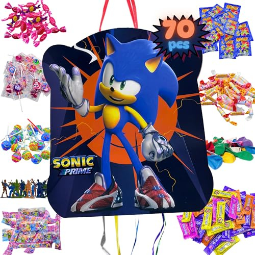Piñata Sonic + Pack 70 friandises sans gluten et jouets Piñata - Piñata Anniversaire - Anniversaire Sonic - Piñata - Remplissage Piñata pour enfants - Sucettes - Décoration Fête - PARTY4EVER