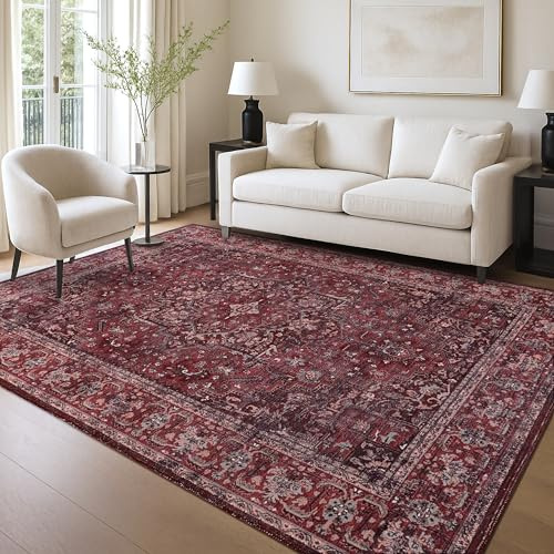 RUGS DEPOT Machine Washable Area Rug for Living Room 160x230 cm – 4 mm Thin Vintage Chenille Carpet with Non-Slip Cotton Backing | Soft Low-Pile Washable Rug for Bedroom & Hallway