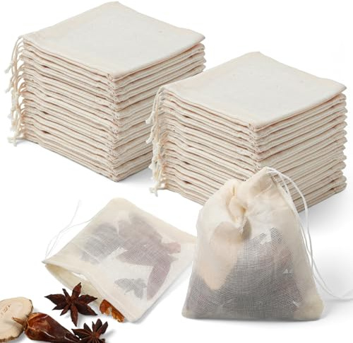 Xosjska 200 PCS Spice Bags For Cooking Muslin Bags 3x4 inch Muslin Bag Cotton Drawstring Bag Natural Unbleached Cotton SpiceBags Reusable Muslins SachetBag for Straining Soup