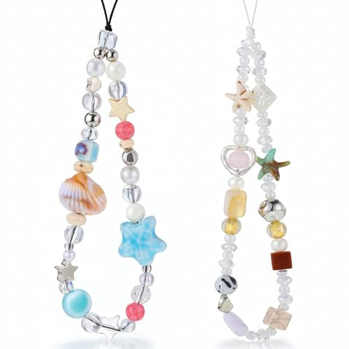 Yuomeaz 2 Pcs Phone Charm Wrist Strap, Cute Phone Charms Chain Beaded Summer Camera Chain Wristlet Strap Cell-Phone Charms Keychain Lanyard for Women Phones, Purse, Bag Decorations