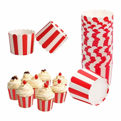 50Pcs Moldes de Papel para Magdalenas Rayas Forma de Horneado para Cupcakes | Envoltorios de Muffins para Cumpleaños Bodas Navidad Halloween Negro (Rojo)