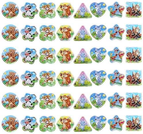 BEMIRO Mini Kugel Balance Geschicklichkeitsspiel, Kunststoff Labyrinth Puzzle mit Tiermotiven, 48 Stück Set, ca. 6 cm, für Kinder ab 3 Jahren