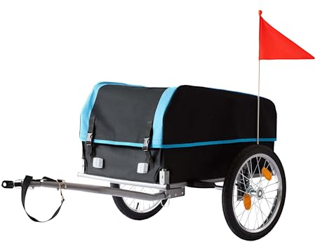 Relaxdays cykel lastvagn, vikbar, 120 l, regnskydd, säkerhetsflagga, 59 x 124 x 69 cm, svart-blå