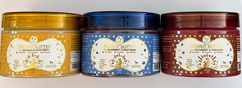 Dog Luxury Peanut Butter Variety Pack (3 x 275g Tubs) - Cranberry & Cinnamon/Banana & Flax Seeds/Blueberry & Hemp Seeds. For healthy skin, heart, gut, urinary tract and help reduce inflammation.