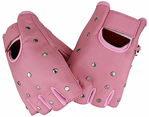 EURO STARS Biker Fingerlose Nieten Lammleder Handschuhe Pink, Motorcycle Fingerless Leather Gloves (XL, Pink)