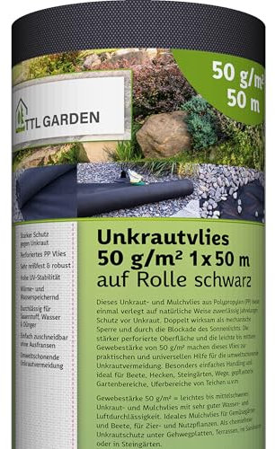 TTL Garden 50g/m² Unkrautvlies 50m² 1x50m Rolle - sehr wasserdurchlässig 50 x 1 m breit auf Rolle - Gartenvlies reißfest UV-stabil & atmungsaktiv - Garten Mulchvlies Vlies Folie gegen Unkraut schwarz