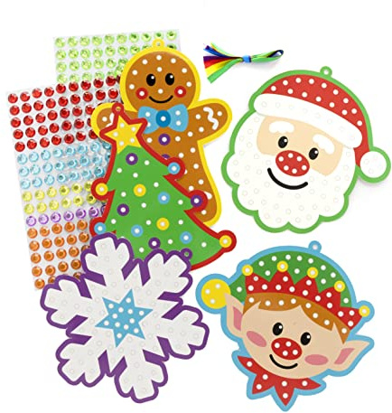 Baker Ross FC156 Weihnachts Dekorations Bastelset mit Schmucksteinen- 4er Pack, Kreativset für Kinder, mit selbstklebenden Schmucksteinen