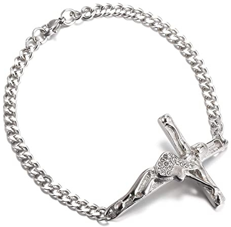 AFSTALR Johnny Hallyday Bracelet Femme Homme Argent Acier Inoxydable Avec Signature Gourmette Croix Guitare, Vendue à ses Concerts (24, conventional)