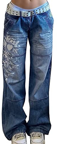 Dam Jeans Med Vida Ben Med Låg Midja Vintagetryck Baggy Byxor Y2k Distressed Raka Jeansbyxor Slim Flare Jean E Girl Streetwear (Color : Blue, Size : S)