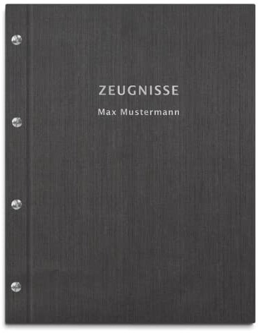 Personalisierte Zeugnismappe in schwarzer Leinenoptik – 2-zeiliger Wunschtext als Prägung – 12 Hüllen für DIN-A4 Dokumente