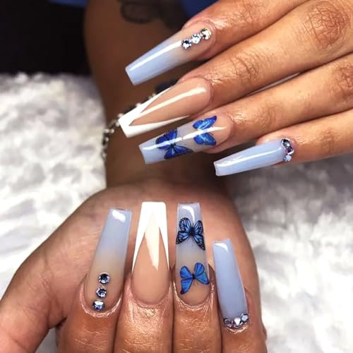 Brishow Coffin False Nails Blue Butterfly Press on Nails French Long Fake Nails Ballerina Acrylic Stick on Nails 24pcs for Women and Girls
