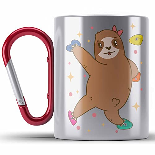 Trendation - Klettern Bergsteigen Geschenk Edelstahl Tasse Karabiner Boulder Geschenkidee Berge Faultier Grafik Kinder Lustig (Rot)