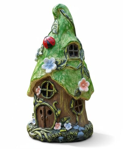 The Enchanted Garden Solar Fairy House 22cm Green Roof Ornament – Hand-Painted Resin Decoration with Solar Light – Weatherproof Elf Pixie Statue – Magical Gift for Garden Lovers