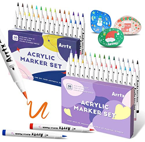 Arrtx Acryl-Farbstifte, 58 Farben für Steinmalerei, zusätzliche Pinselspitze, wasserbasierte Farbmarker für Stein-, Glas-, Ostereier-, Holz- und Stoffmalerei – ungiftig, geruchlos – Typ 30A+B