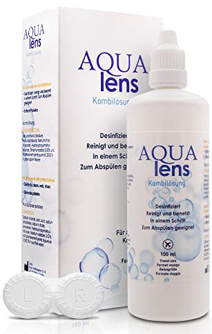 AQUA lens Kontaktlinsen Fluessigkeit - Reise-Set - Flight Pack 100 ml + Behälter - Premium All-in-One Kombilösung für weiche Kontaktlinsen mit HPMC