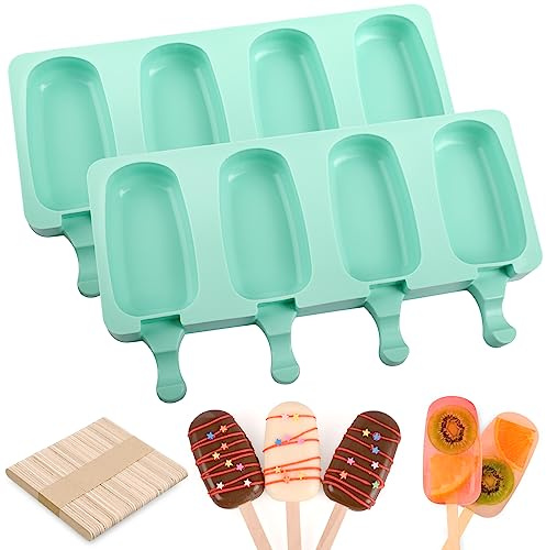 WMKGG Popsicle Silicone Molds Set, 2 PCS Ice Cream Molds with 50 Wooden Sticks for Cake Pop, Ice Pop, Cakesicles (Standard Size/Green)