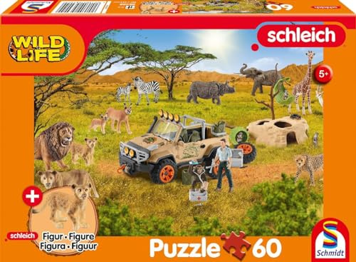Schmidt Spiele 56466 Wild Life, In der Sarvanne, 60 Teile, mit Add-on (eine Original Figur Löwenjunge) Kinderpuzzle