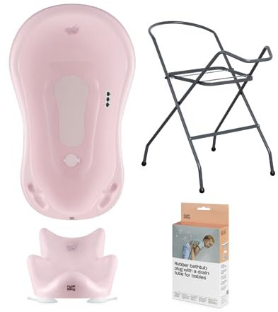 Hylat Baby Set: Stabile Babybadewanne mit Thermometer, Gestell, Badesitz und Abfluss - ideale Lösung für die tolle Badeerlebnisse - Motiv: Hug Me, Farbe: Rosa