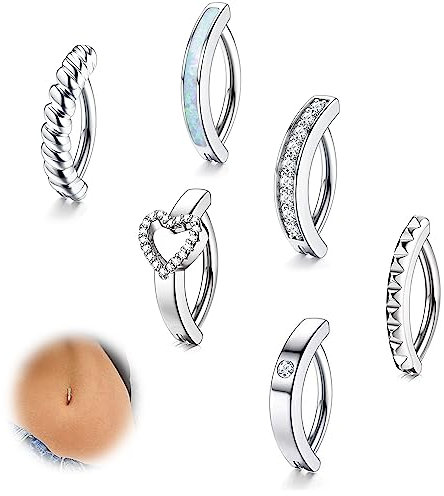 FIOROYAL 6Stück 14G Bauchnabelpiercing Silber CZ Opal Herz Bauchnabelpiercing Ring Clicker Piercing Bauchnabel Ring Set Belly Piercing Schmuck