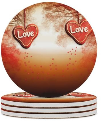 Keramikuntersetzer mit romantischem Liebesaufdruck, 4 Stück, hitzebeständige, runde Tassenmatte, Pad, Bar-Untersetzer mit Korkboden, für Küche, Zuhause, Küche, Party, Geschenk