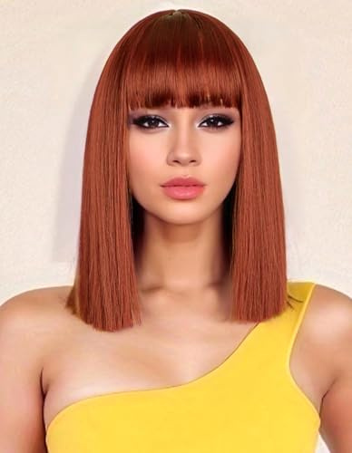 PORSMEER Rotbraun Perücken mit Pony für Frauen, Synthetische Bob gerade Perücken Schulter Länge farbige Perücken für Halloween Kostüm Party & Cosplay wig 35cm